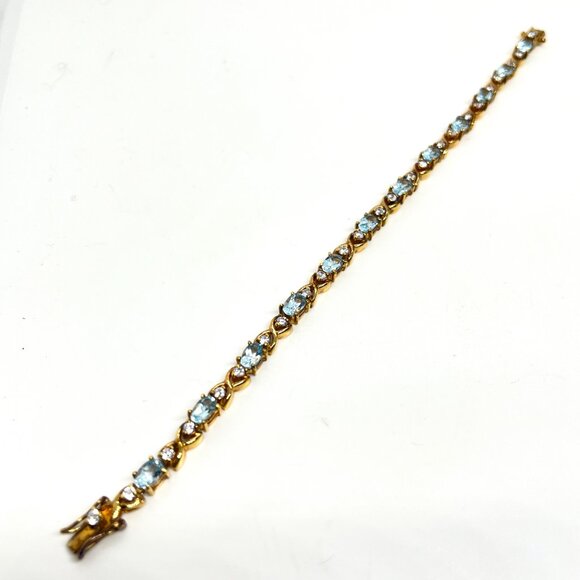 VINTAGE DBJ 925 VERMEIL BLUE TOPAZ CZ TENNIS BRACELET GOLD STERLING SILVER 7” - Picture 9 of 14